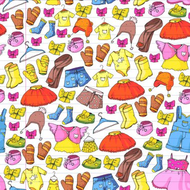 Çocuk Giyim ve moda. Elbise, Etek, şort. atkı, kız ve erkek pantolon. Çocuklar moda. Yaz, kış, bahar, sonbahar Satılık. Seamless modeli.