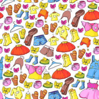 Çocuk Giyim ve moda. Elbise, Etek, şort. atkı, kız ve erkek pantolon. Çocuklar moda. Yaz, kış, bahar, sonbahar Satılık. Seamless modeli.