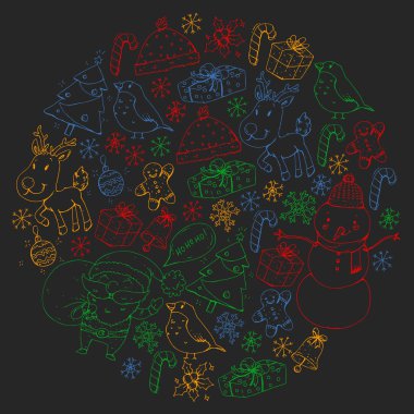 Kış Noel vektör desen. Simgeler Santa, kardan adam, geyik, çan, Noel ağacı. Neşeli Noel mutlu yeni yıl