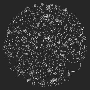 Kış Noel vektör desen. Simgeler Santa, kardan adam, geyik, çan, Noel ağacı. Neşeli Noel mutlu yeni yıl