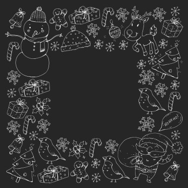 Kış Noel vektör desen. Simgeler Santa, kardan adam, geyik, çan, Noel ağacı. Neşeli Noel mutlu yeni yıl