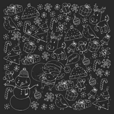 Kış Noel vektör desen. Simgeler Santa, kardan adam, geyik, çan, Noel ağacı. Neşeli Noel mutlu yeni yıl