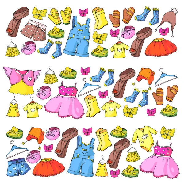 Children clothing and fashion. Dress, skirt, shorts. scarf, trousers for boys and girls. Kids fashion. Summer, winter, spring, autumn sale. — Stock Vector
