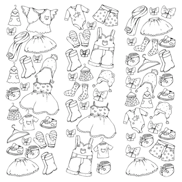 Children clothing and fashion. Dress, skirt, shorts. scarf, trousers for boys and girls. Kids fashion. Summer, winter, spring, autumn sale. Elements for coloring pages. — Stock Vector