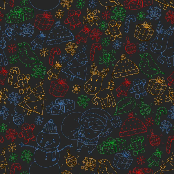 Modèle vectoriel sans couture de Noël d'hiver. Icônes du Père Noël, bonhomme de neige, cerf, cloche, arbre de Noël . — Image vectorielle