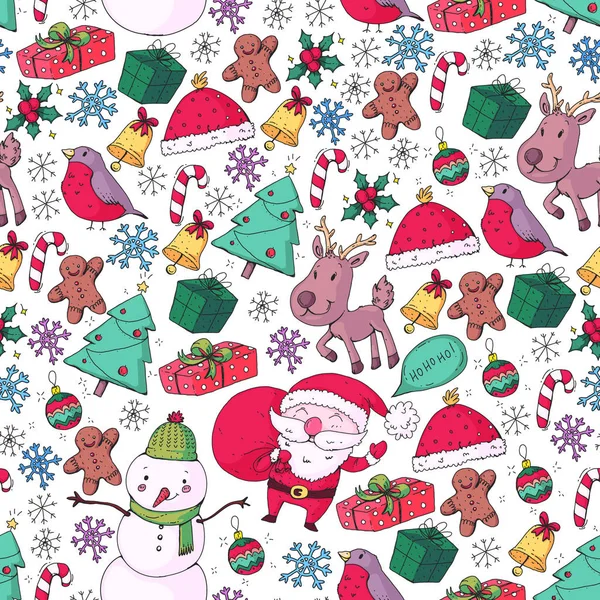 Zimní vánoční vzor bezešvé vektor. Ikony Santa, sněhulák, jelen, bell, vánoční strom. — Stockový vektor