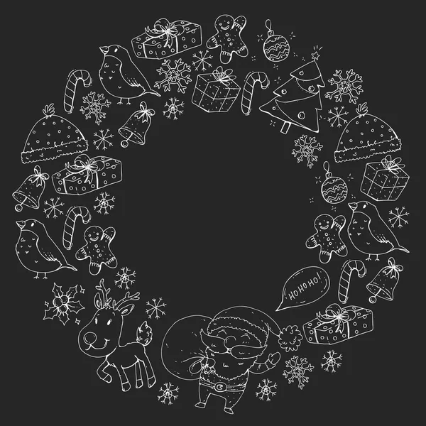 Modèle vectoriel de Noël d'hiver. Icônes du Père Noël, bonhomme de neige, cerf, cloche, arbre de Noël. Joyeux Noël Bonne année — Image vectorielle