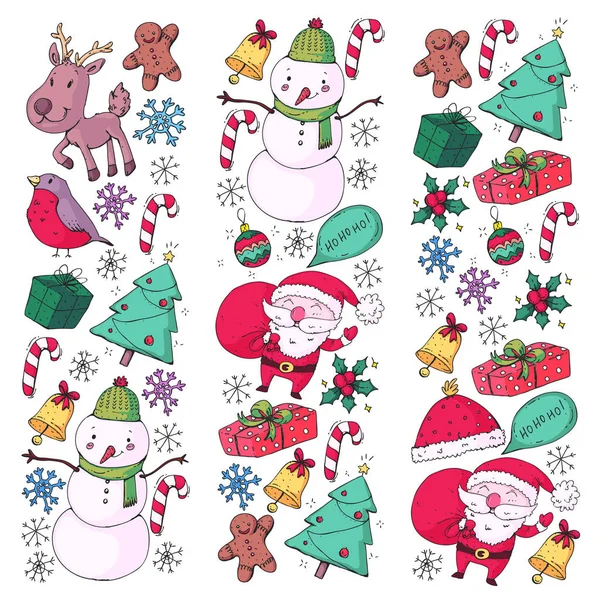 Χειμώνας Χριστούγεννα διάνυσμα μοτίβο. Εικόνες της Σάντα, χιονάνθρωπος, ελάφια, κουδούνι, χριστουγεννιάτικο δέντρο. Χαρούμενα Χριστούγεννα ευτυχισμένο το νέο έτος — Διανυσματικό Αρχείο