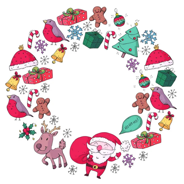 Взимку Новорічне векторного малюнка. Значки Санта сніговика олень, дзвоник, Дерево Різдва. Веселого Різдва з новим роком — стоковий вектор