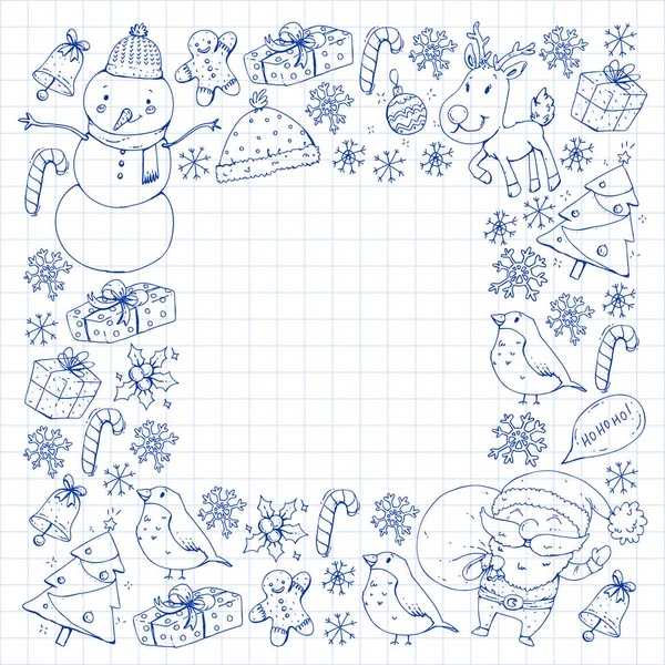 Зимний векторный рисунок Рождества. Иконы Санты, снеговик, олень, колокол, елка. С Новым годом! — стоковый вектор