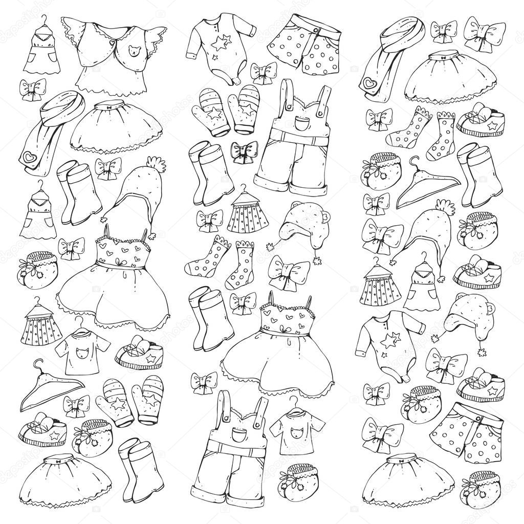 Children clothing and fashion. Dress, skirt, shorts. scarf, trousers for boys and girls. Kids fashion. Summer, winter, spring, autumn sale. Elements for coloring pages.