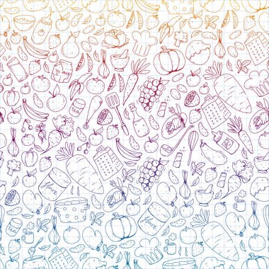 Mutfak ve pişirme seamless modeli. Yiyecek ve içecek simgeler.