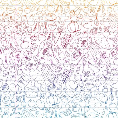 Mutfak ve pişirme seamless modeli. Yiyecek ve içecek simgeleri.