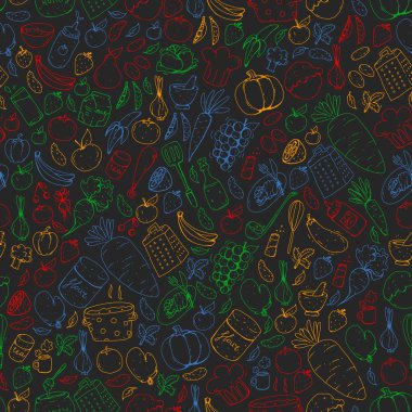 Mutfak ve pişirme seamless modeli. Yiyecek ve içecek simgeleri.