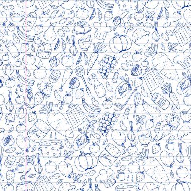 Mutfak ve pişirme seamless modeli. Yiyecek ve içecek simgeleri.