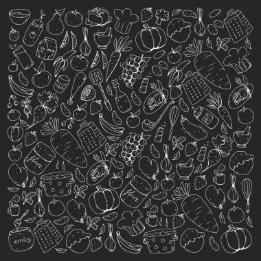 Mutfak ve pişirme seamless modeli. Yiyecek ve içecek simgeler. Blackboard tebeşir resmi