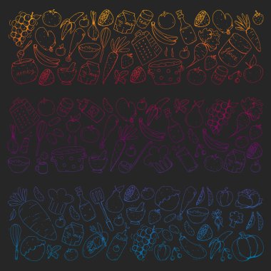 Mutfak ve pişirme seamless modeli. Yiyecek ve içecek simgeler.