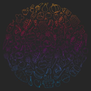 Mutfak ve pişirme seamless modeli. Yiyecek ve içecek simgeler.