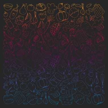 Mutfak ve pişirme seamless modeli. Yiyecek ve içecek simgeler.