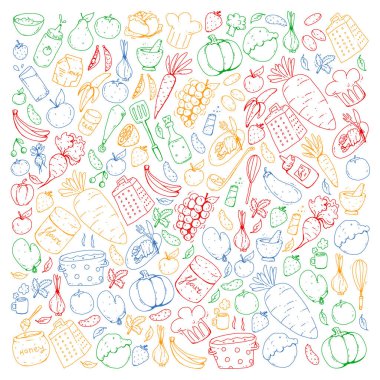 Mutfak ve pişirme seamless modeli. Yiyecek ve içecek simgeler. Renkli görüntüleri