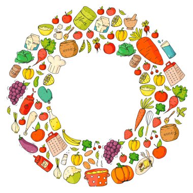 Mutfak ve pişirme seamless modeli. Yiyecek ve içecek simgeler. Kağıt, tekstil, kumaş sarma için renkli görüntüleri