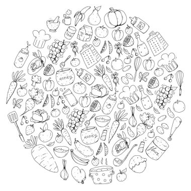 Mutfak ve pişirme seamless modeli. Yiyecek ve içecek simgeler. Kağıt, tekstil, kumaş sarma için renkli görüntüleri