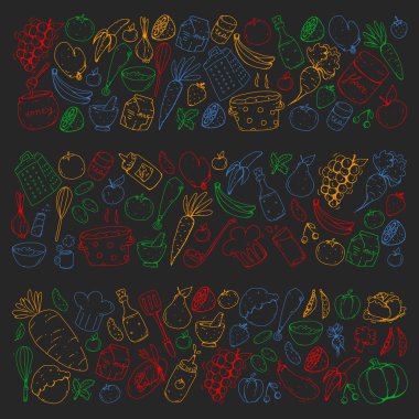 Mutfak ve pişirme seamless modeli. Yiyecek ve içecek simgeler. Blackboard tebeşir resmi