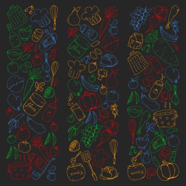 Mutfak ve pişirme seamless modeli. Yiyecek ve içecek simgeler. Blackboard tebeşir resmi