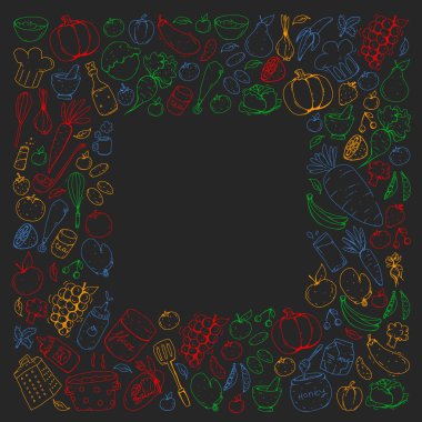 Mutfak ve pişirme seamless modeli. Yiyecek ve içecek simgeler. Blackboard tebeşir resmi