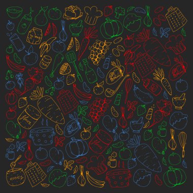 Mutfak ve pişirme seamless modeli. Yiyecek ve içecek simgeler. Blackboard tebeşir resmi