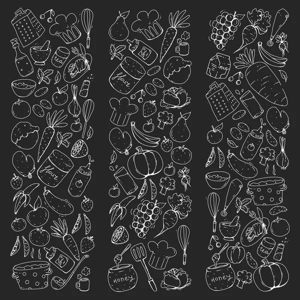 Kitchen and cooking seamless pattern. Icons of food and drinks. Blackboard chalk image — Stock Vector