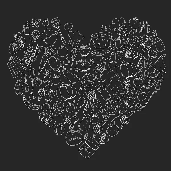 Kitchen and cooking seamless pattern. Icons of food and drinks. Blackboard chalk image