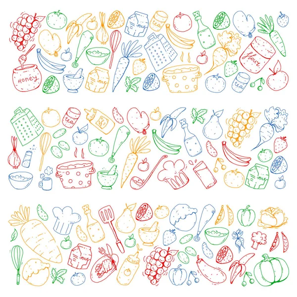 Cocina y cocina patrón sin costuras. Iconos de comida y bebida. Imágenes coloridas — Vector de stock