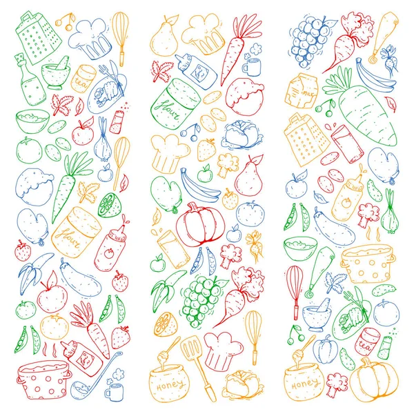 Keuken en koken van naadloze patroon. Iconen van eten en drinken. Kleurrijke beelden — Stockvector