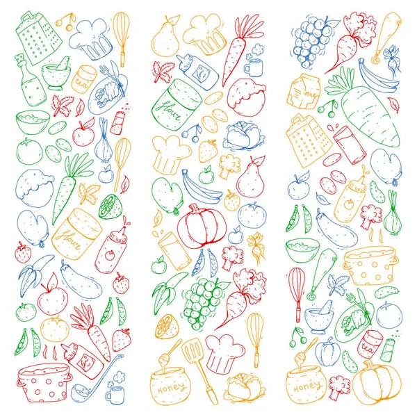 Kitchen and cooking seamless pattern. Icons of food and drinks. Colorful images