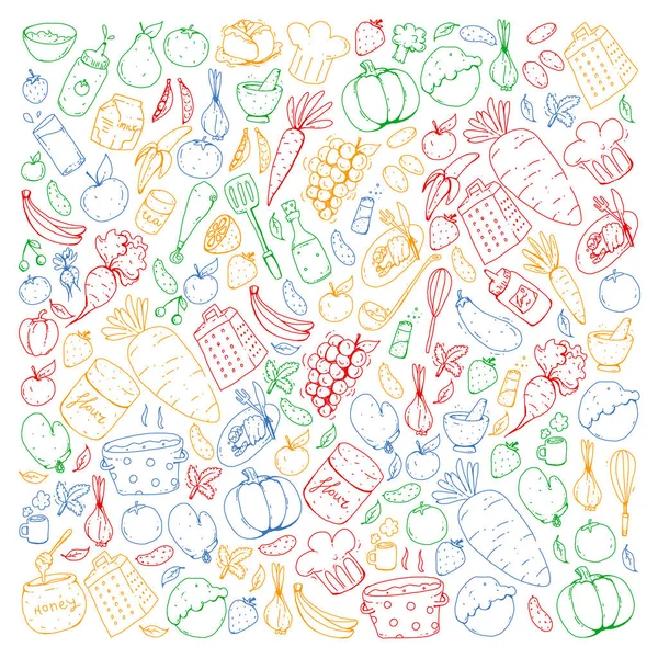 キッチンや調理のシームレスなパターン。食べ物や飲み物のアイコン。カラフルなイメージ — ストックベクタ