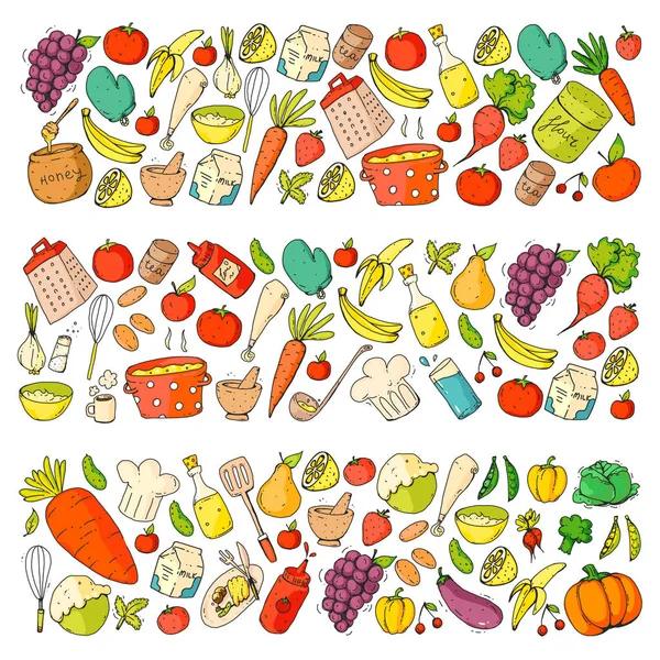 Kuchyň a vaření vzor bezešvé. Ikony, potravin a nápojů. Barevné obrázky pro balicí papír, textil, tkaniny — Stockový vektor
