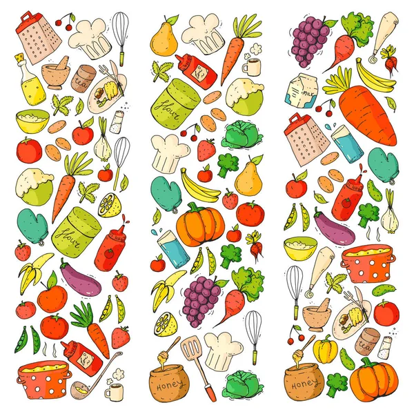 Kitchen and cooking seamless pattern. Icons of food and drinks. Colorful images for wrapping paper, textile, fabric