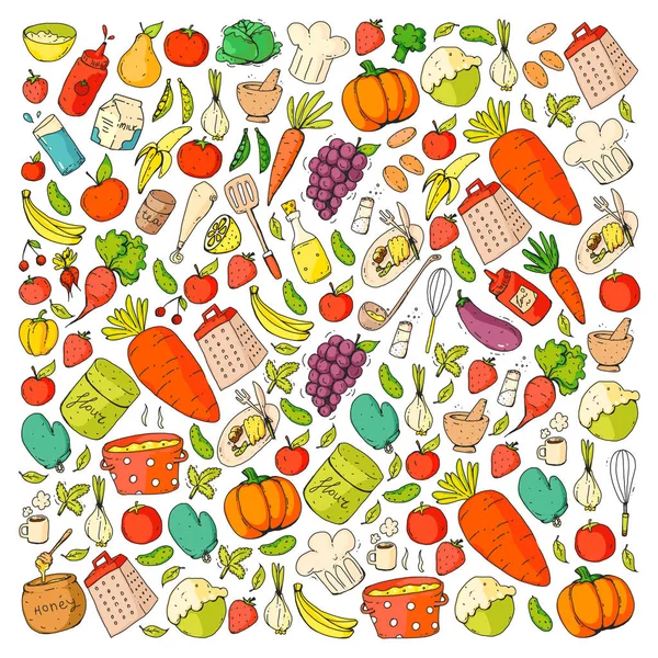 Kuchyň a vaření vzor bezešvé. Ikony, potravin a nápojů. Barevné obrázky pro balicí papír, textil, tkaniny — Stockový vektor
