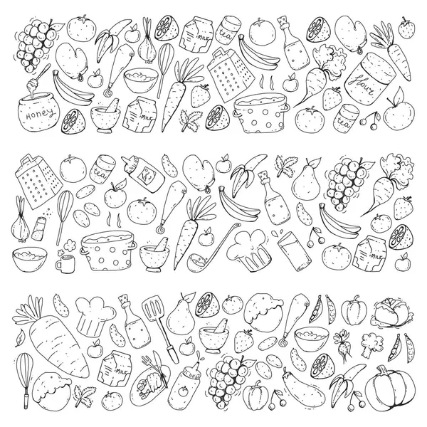 Kitchen and cooking seamless pattern. Icons of food and drinks. Colorful images for wrapping paper, textile, fabric — Stock Vector