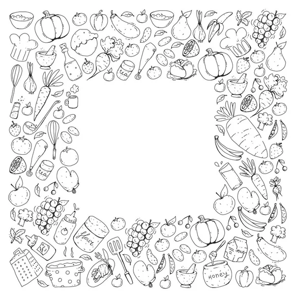 Kitchen and cooking seamless pattern. Icons of food and drinks. Colorful images for wrapping paper, textile, fabric