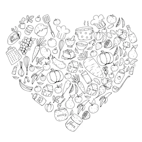 Kitchen and cooking seamless pattern. Icons of food and drinks. Colorful images for wrapping paper, textile, fabric