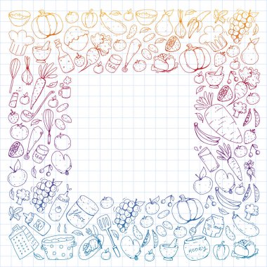 Mutfak ve pişirme seamless modeli. Yiyecek ve içecek simgeler. Kağıt, tekstil, kumaş sarma için renkli görüntüleri.