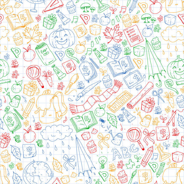 Vector seamless pattern with school and education icons.