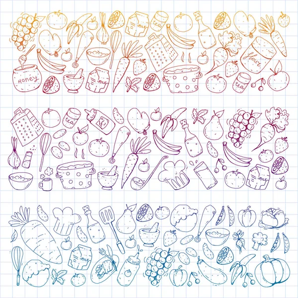 Cocina y cocina patrón sin costuras. Iconos de comida y bebida. Imágenes coloridas para papel de envolver, textil, tela . — Vector de stock