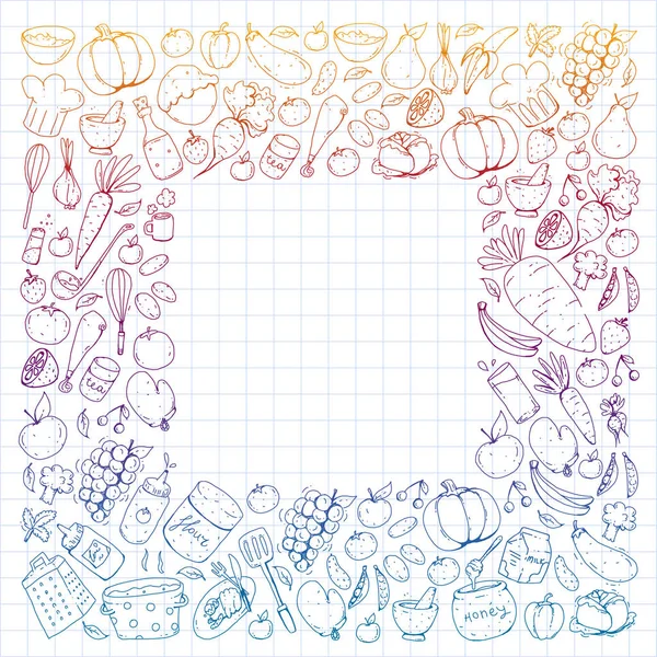 Kitchen and cooking seamless pattern. Icons of food and drinks. Colorful images for wrapping paper, textile, fabric.