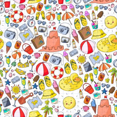 Plaj ve seyahat. yaz tatil öğeleriyle simgeler.