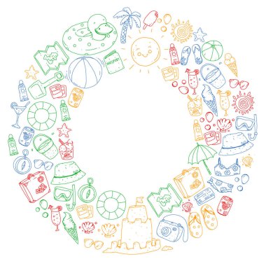 Plaj ve seyahat. Yaz tatil elemanları ile vektör simgeler.