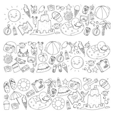 Plaj ve seyahat. Yaz tatil elemanları ile vektör simgeler.