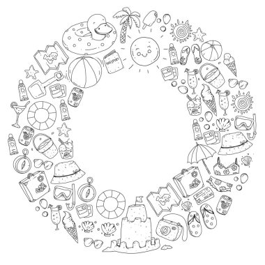 Plaj ve seyahat. Yaz tatil elemanları ile vektör simgeler.